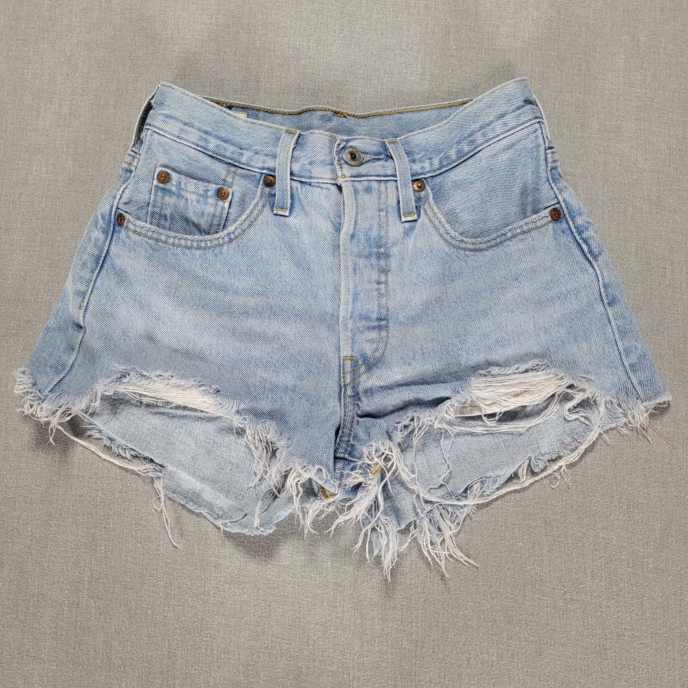 Levi's 501 Premium Cut Off Shorts Womens‎ W24 Blue Button Fly Raw Hem Distressed
